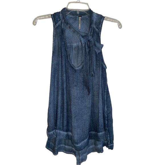 Free People Tie Front Shirttail Tank Top Blue Stonewash Size XS - Picture 2 of 8